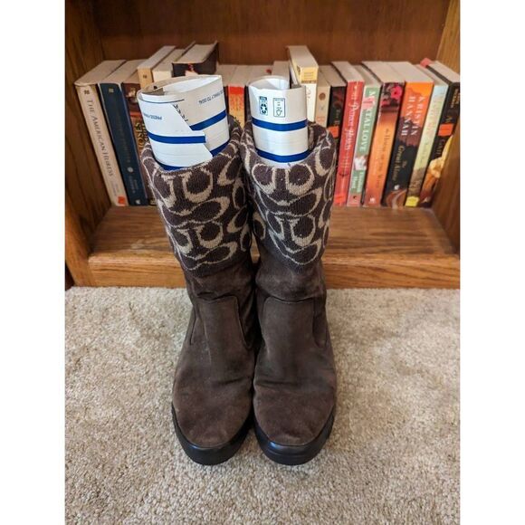 Coach brown suede and wool logo winter boots sz 7.5 - Picture 1 of 6